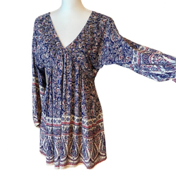 NWT En Créme Boho Peasant Dress | Navy Paisley Design + Beaded V-Neck (S) - Picture 5 of 14